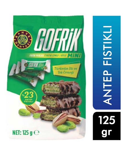 Picture of Kahve Dünyası Mini Gofrik Antep Fıstıklı Sütlü Çikolata Kaplamalı Gofret 125 g X 12'li Koli