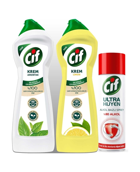 Cif Krem 750 ml Amonyak + 750 ml Limon + 200 ml Dezenfektan Sprey,Cif Krem Temizleyici 750 ml Güç & Işıltı Limon,P-P-Cif Alkol Bazlı Sprey 200 ml Ultra Hijyen,mutfak ürünleri,temizleyici ürünleri,setli temizlik ürünleri,kireçler,zorlu kirleri çıkaran cifler,cif krem fiyatları,toptan satın al,toptantr,toptan mağazacılık