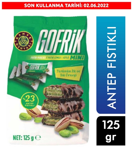 Picture of Kahve Dünyası Mini Gofrik Antep Fıstıklı Sütlü Çikolata Kaplamalı Gofret 125 g X 12'li Koli