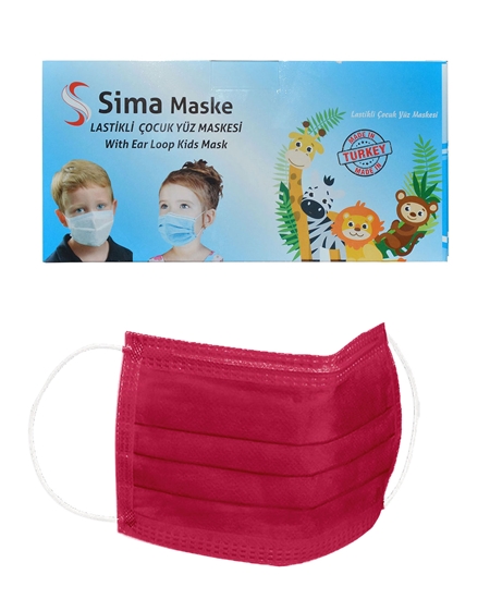 Picture of 3 Katlı Telli Sima Çocuk Maske 50'li Paket Koyu Pembe 4-12 Yaş