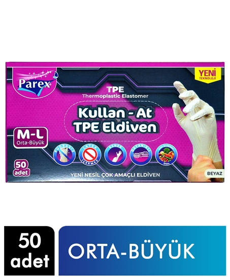 Picture of Parex Kullan-At TPE Eldiven Beyaz Renk Orta-Büyük Boy 50'li Kutu