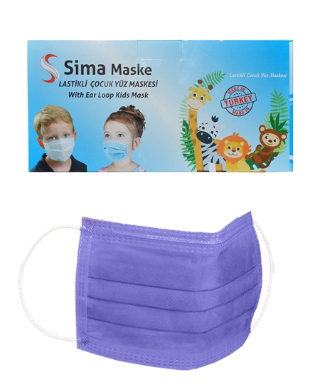 Picture of 3 Katlı Telli Sima Çocuk Maske 50'li Paket Lila 4-12 Yaş