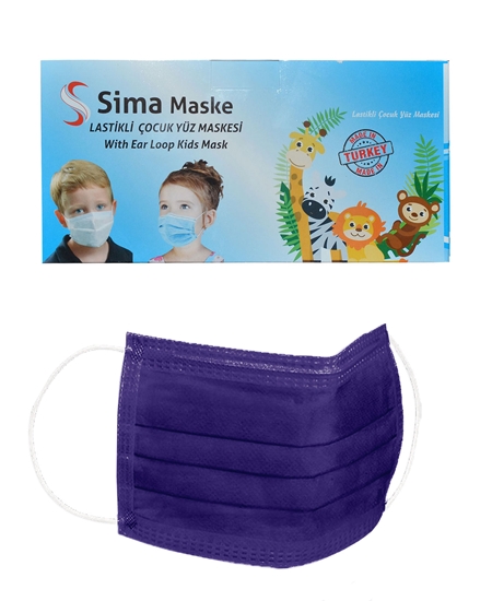 Picture of 3 Katlı Telli Sima Çocuk Maske 50'li Paket Mor 4-12 Yaş