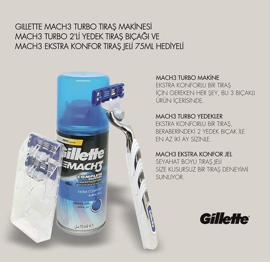 Picture of XGillette Mach3 Turbo 1up Shaving Razor 2's Refill Razor Blade & Mach3 Shaving Gel 75 ml Gift