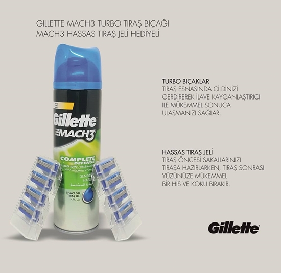 Picture of XGillette Mach3 Turbo Refill Razor Blade 8's Mach3 Sensitive Shaving Gel 200 ml Gift